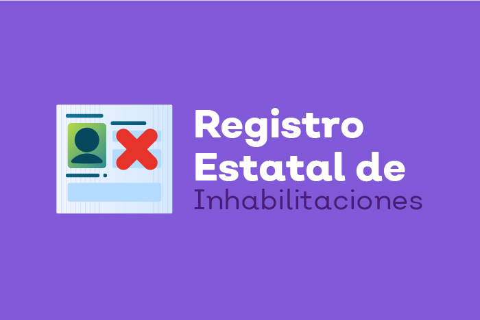 Imagen cuadrada de color morado que muestra una imagen de una hoja de registro, a su derecha el texto Registro Estatal de Inhabilitaciones.
