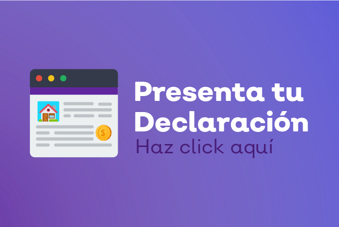 Imagen cuadrada de color guinda que muestra en el centro una ventana de navegador de PC y a su derecha; texto que dice: Presenta tu declaración haz clic aquí