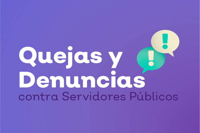 Imagen cuadrada de color guinda que muestra dos cajas de texto con signo de exclamación color blanco con el texto Quejas y Denuncias contra servidores públicos
